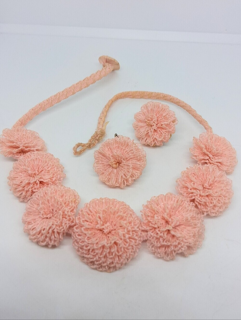 * Vintage Coro Demi-Parure Pink Pom Pom Flowers Necklace & Clip On Earrings Set